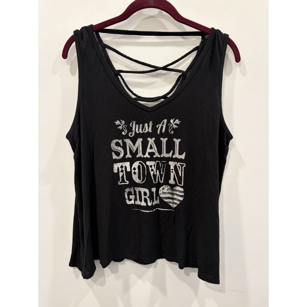 womens black graphic criss cross sleeveless tank top 'just a small town girl'